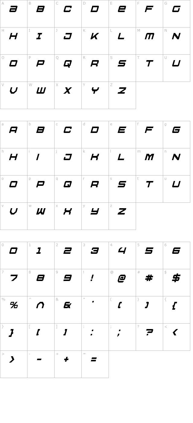 U.S.S. Dallas Condensed Italic character map