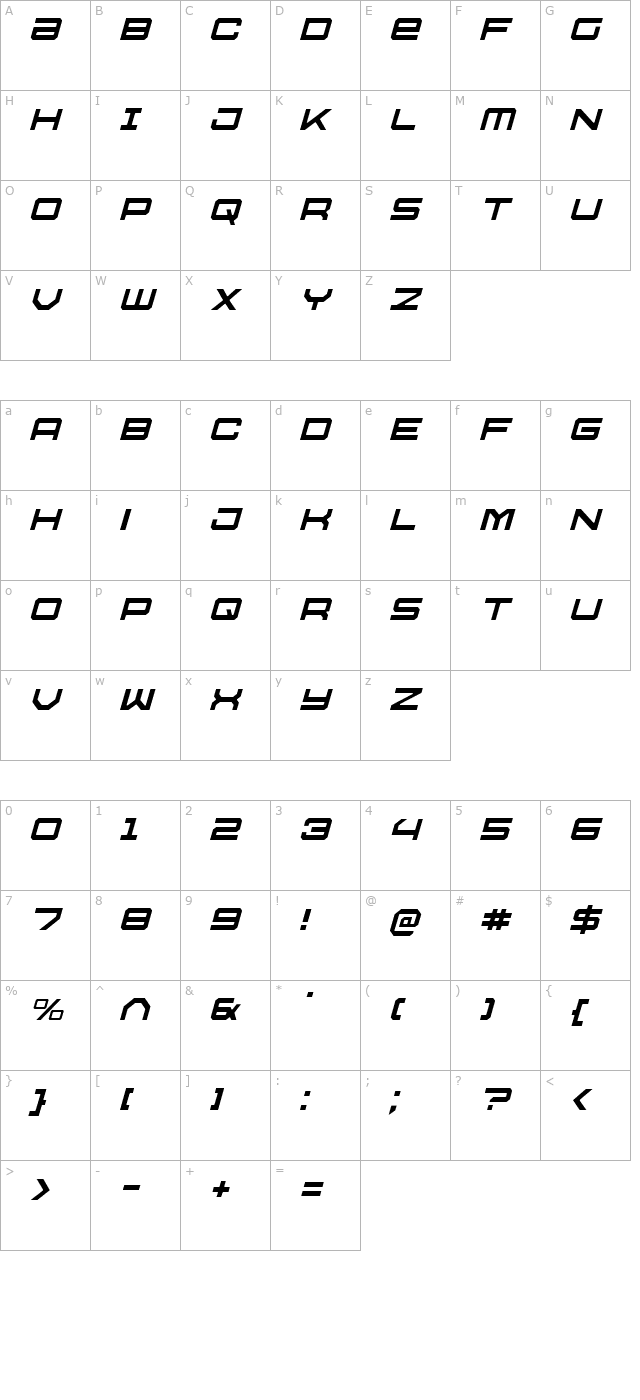 U.S.S. Dallas Light Italic character map