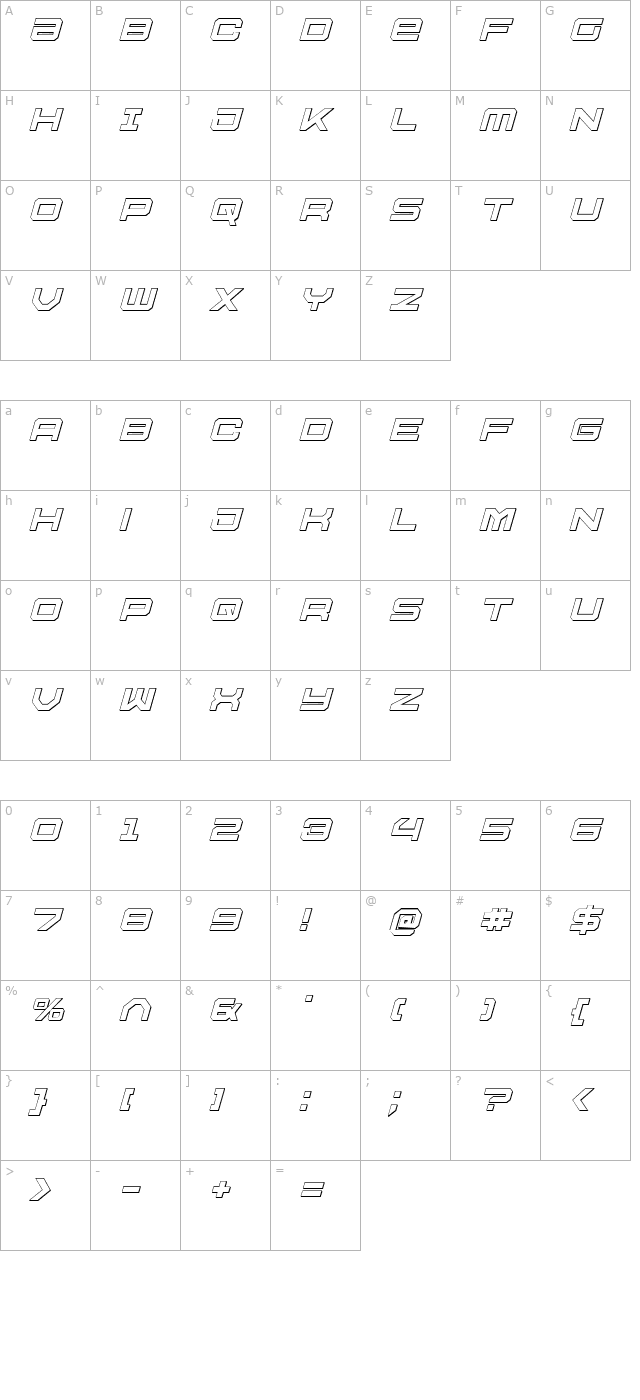 U.S.S. Dallas Outline Italic character map