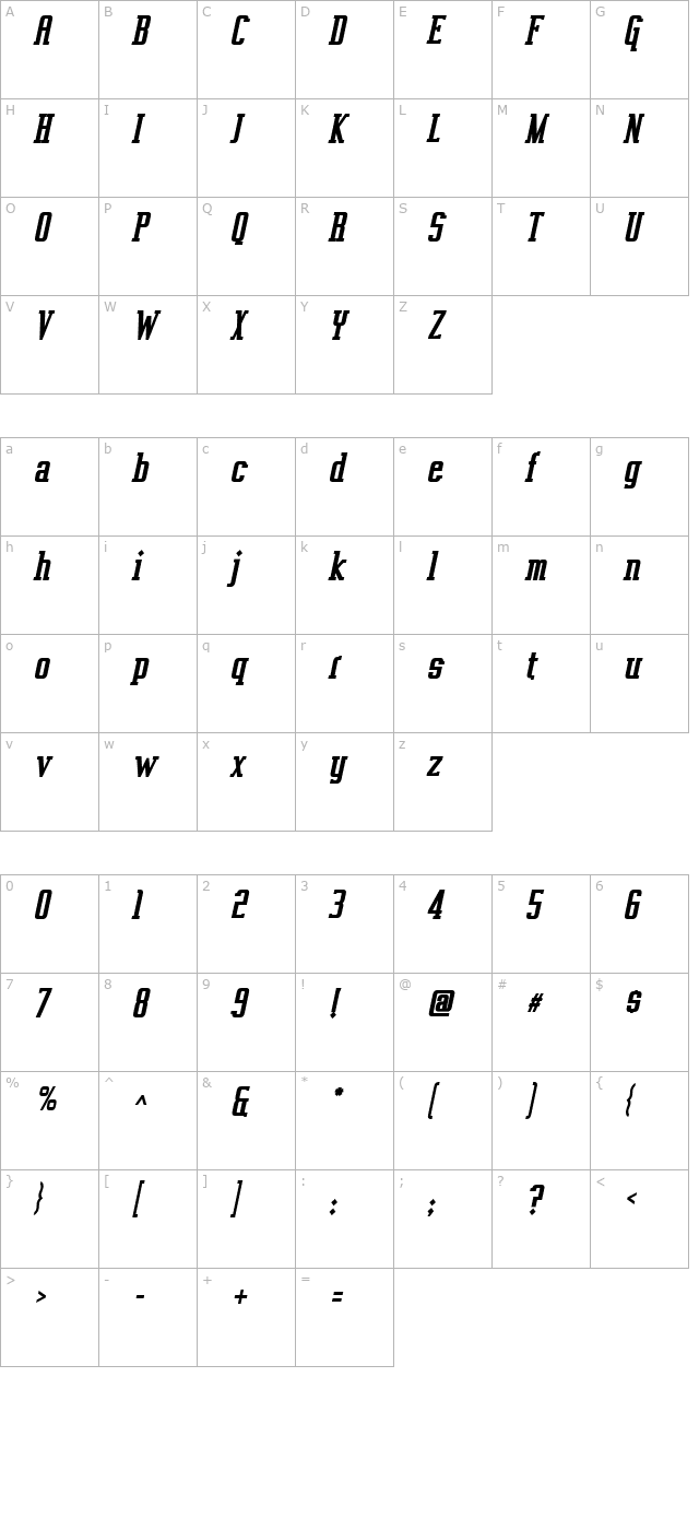 Vahika Bold Italic character map