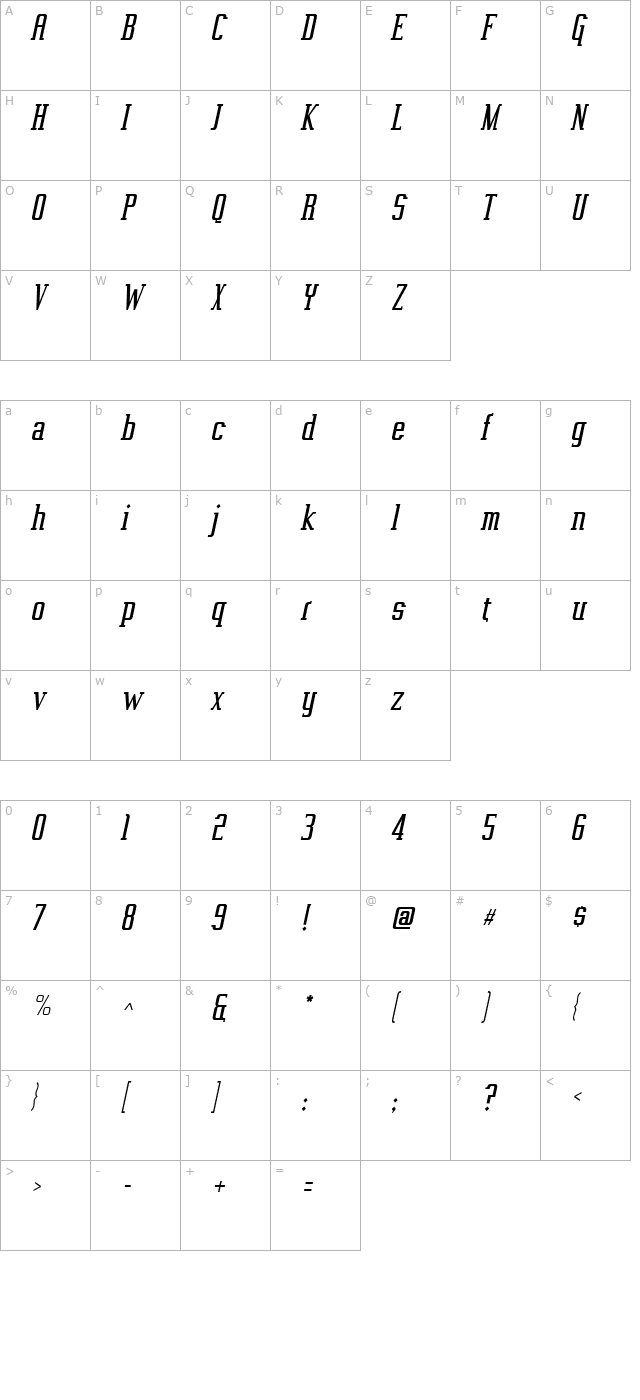 vahika-italic character map