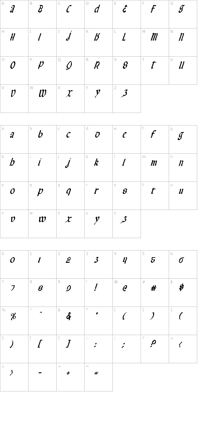 valerius-condensed-italic character map