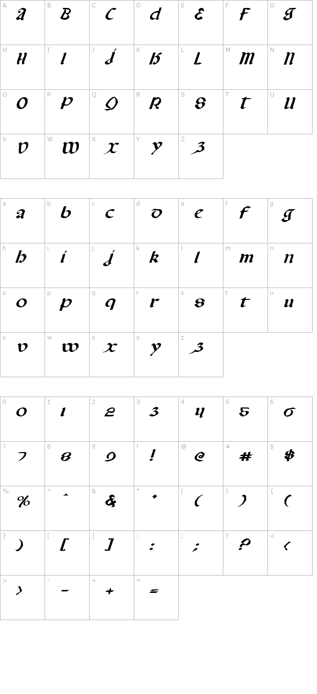 Valerius Expanded Italic character map