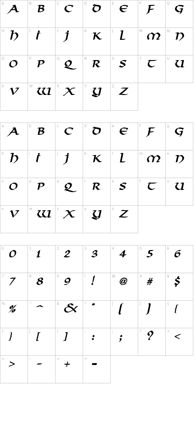 Valhalla BoldItalic character map