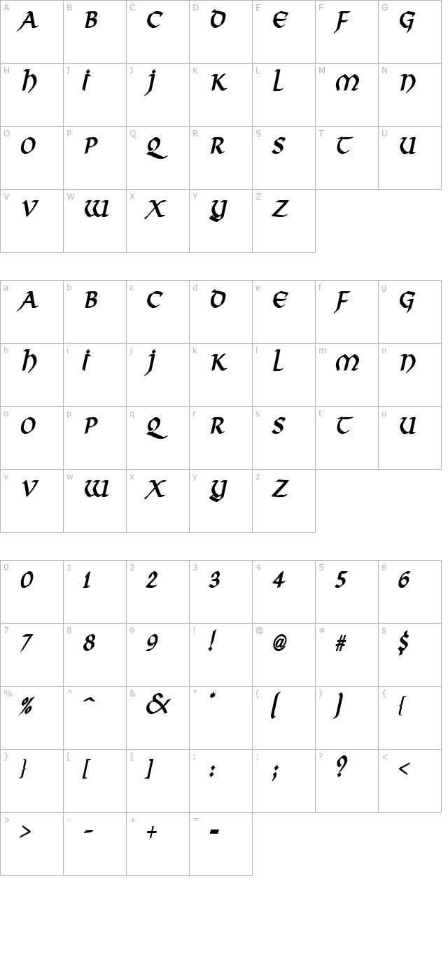 Valhalla Condensed BoldItalic character map