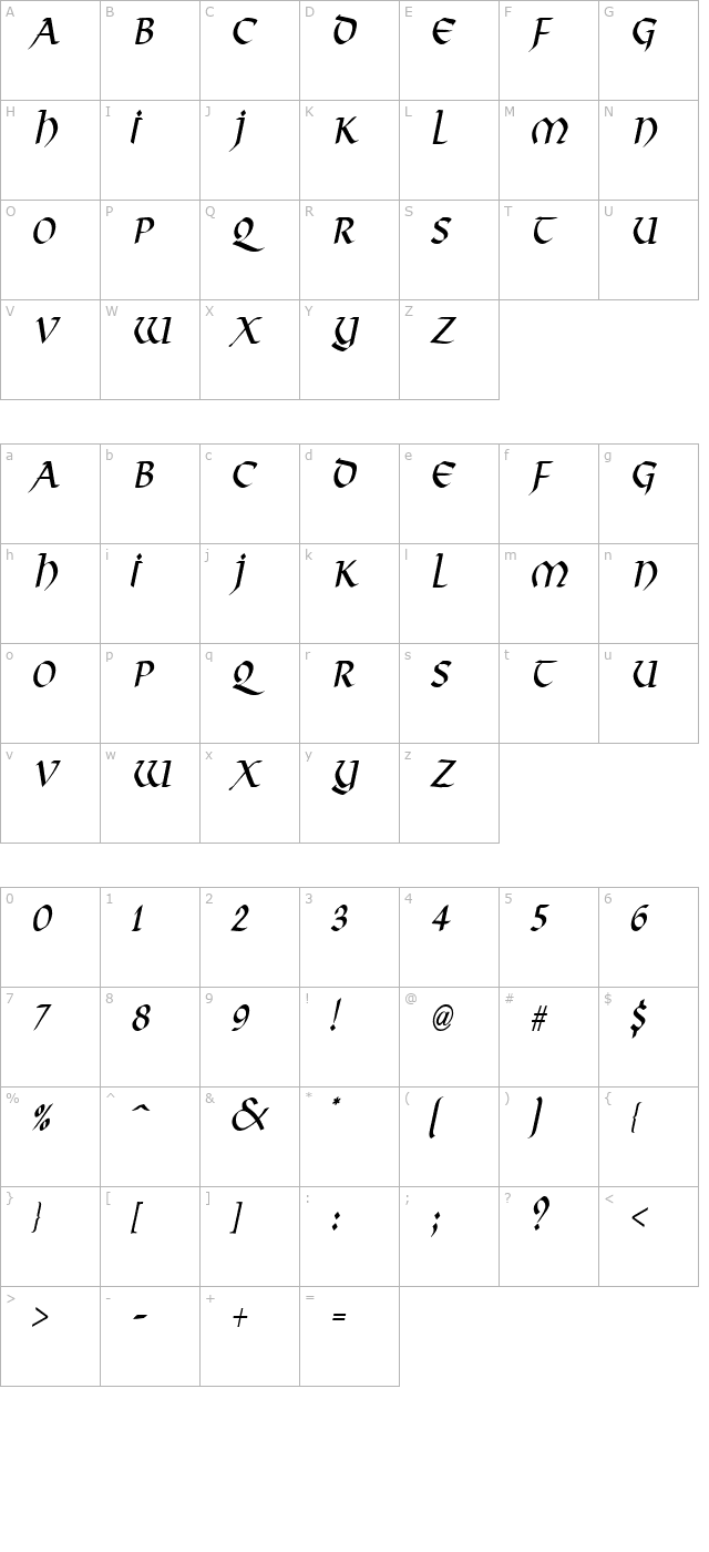 valhalla-condensed-italic character map
