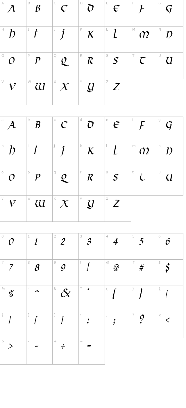 Valhalla Condensed Italic character map