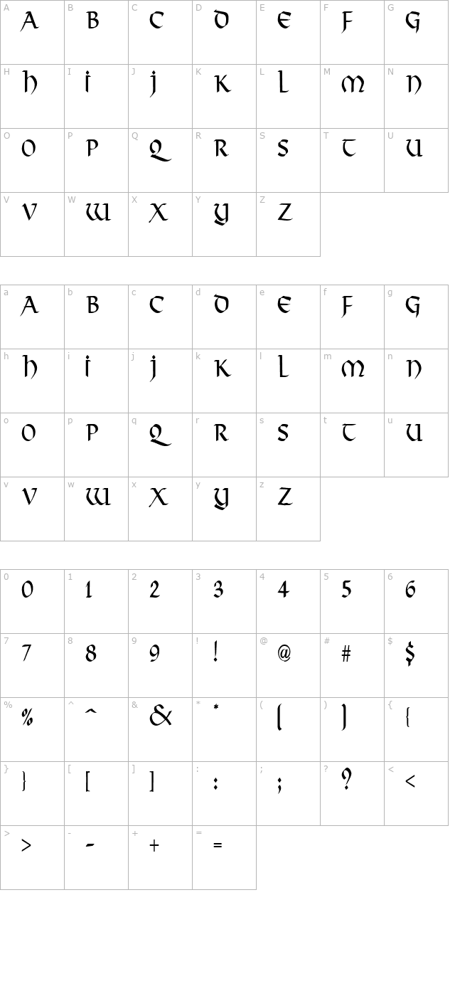 Valhalla Condensed Normal character map