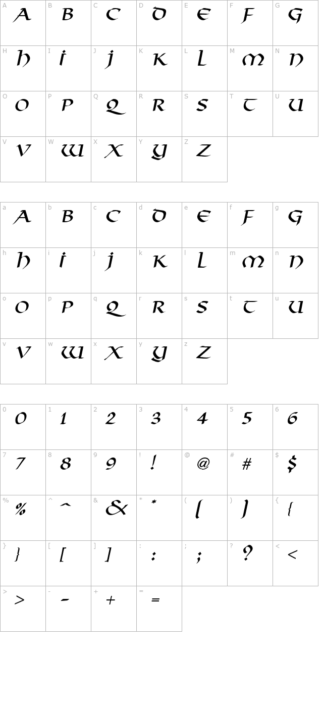 valhalla-italic character map