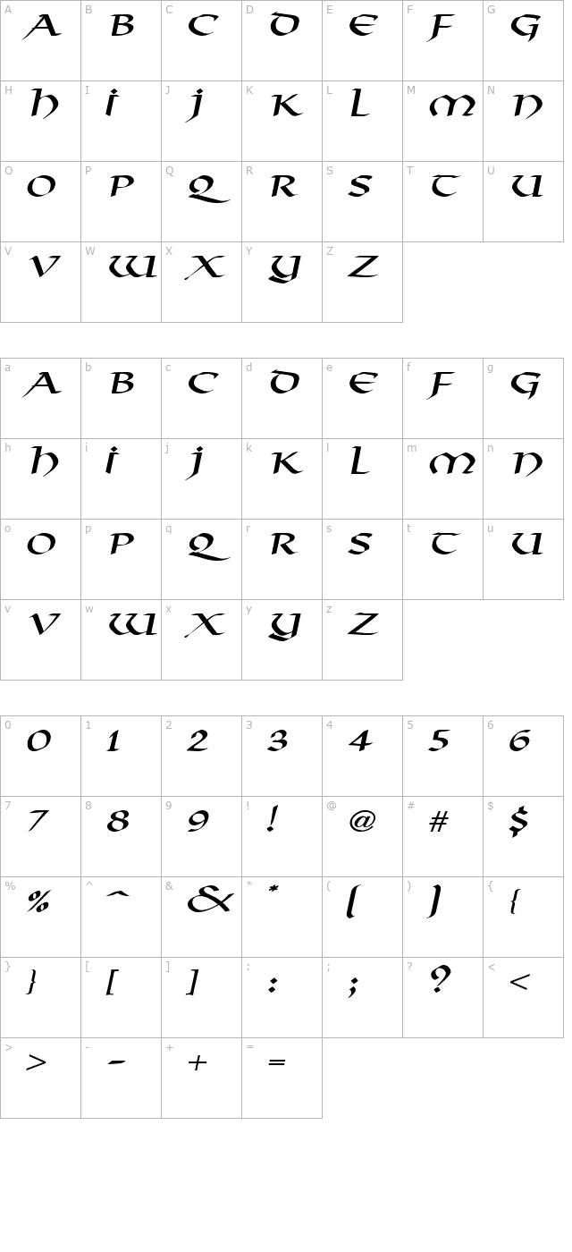 valhalla-wide-italic character map