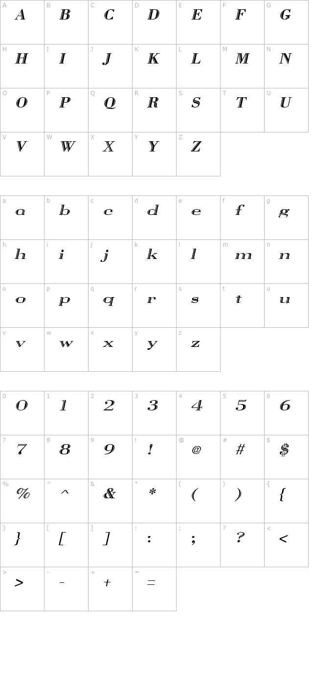 vangard-italic character map