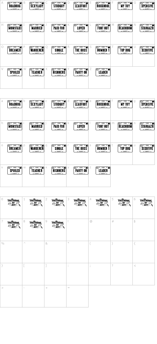 Vanity Plates JL character map