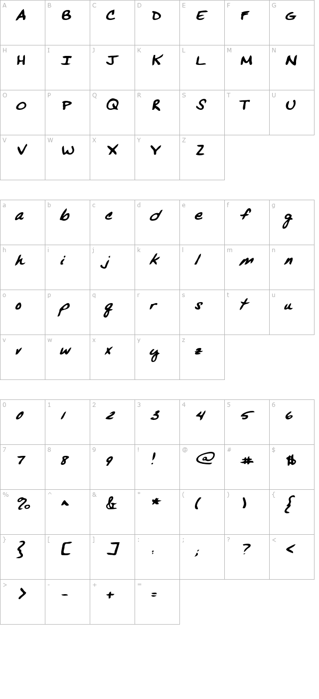 vanshand-bold-italic character map