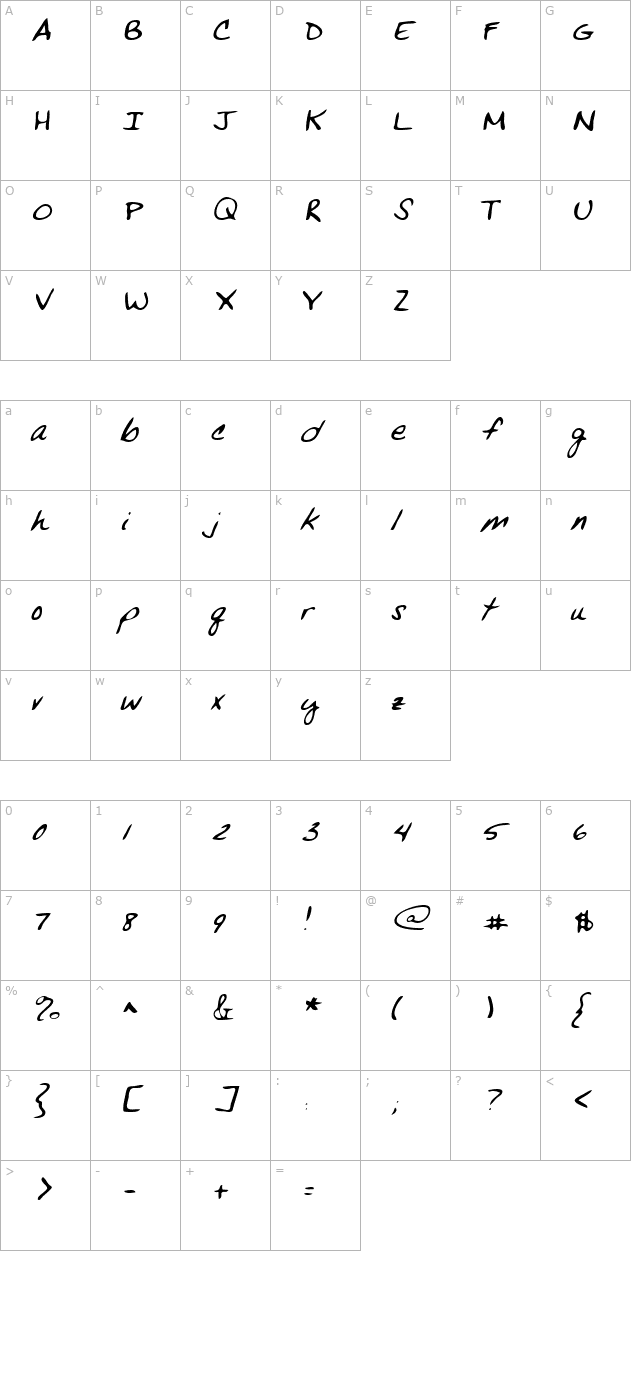 VansHand Italic character map