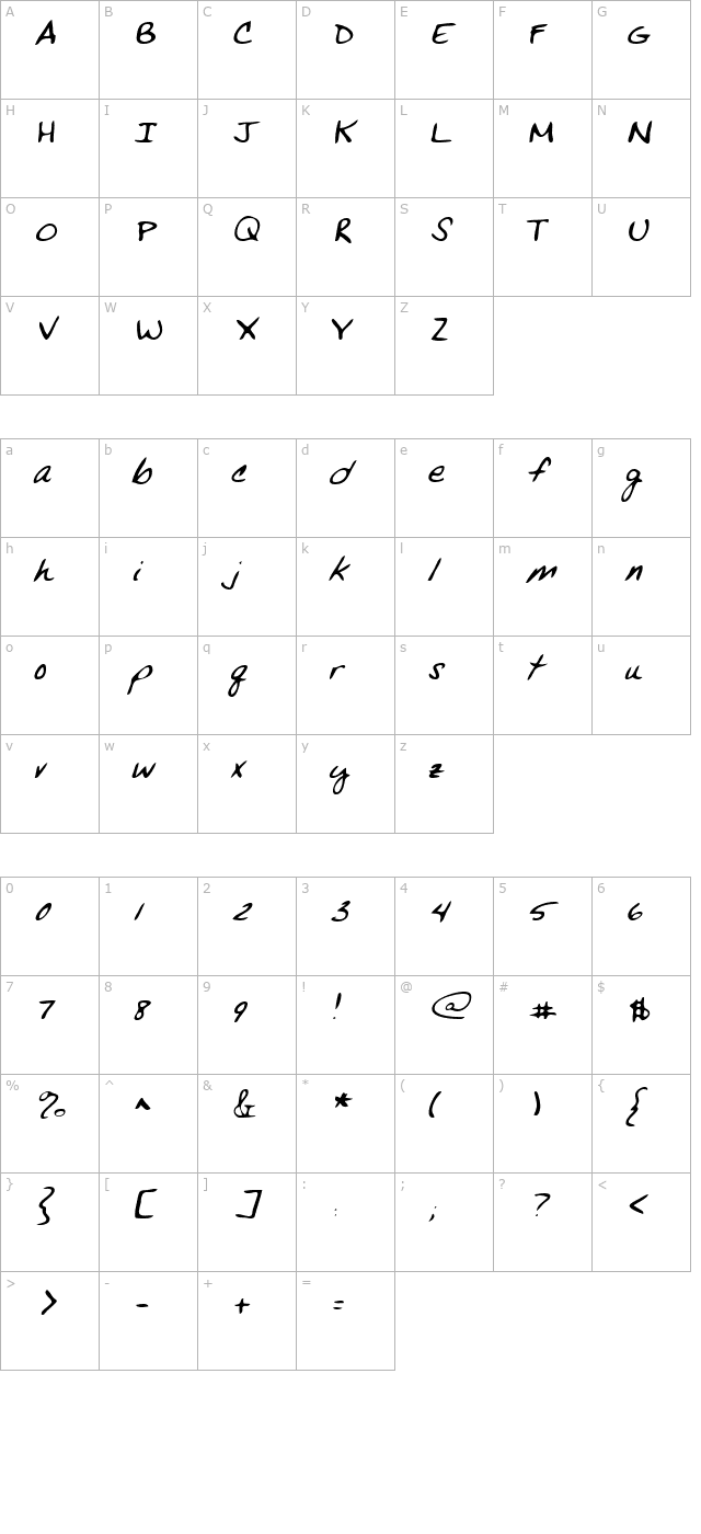 vanshand-italic character map