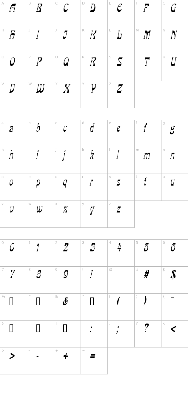 vanveencondensed-italic character map