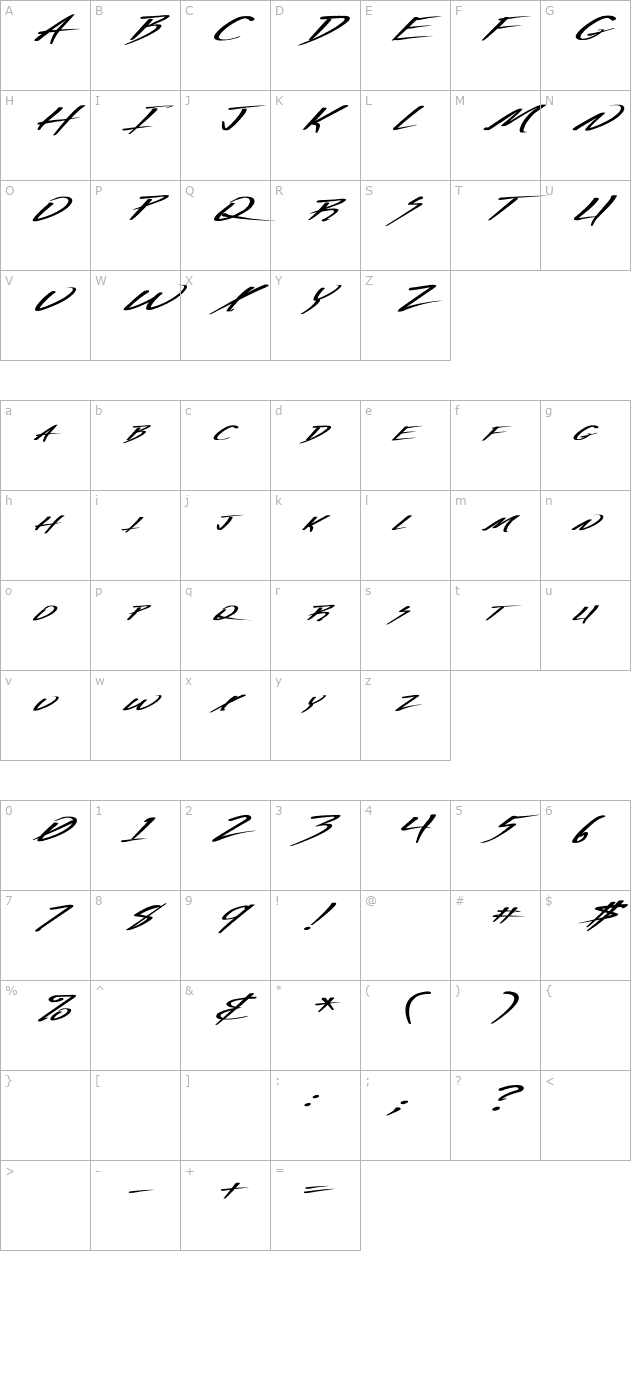 Vecker Ex Bold Italic character map