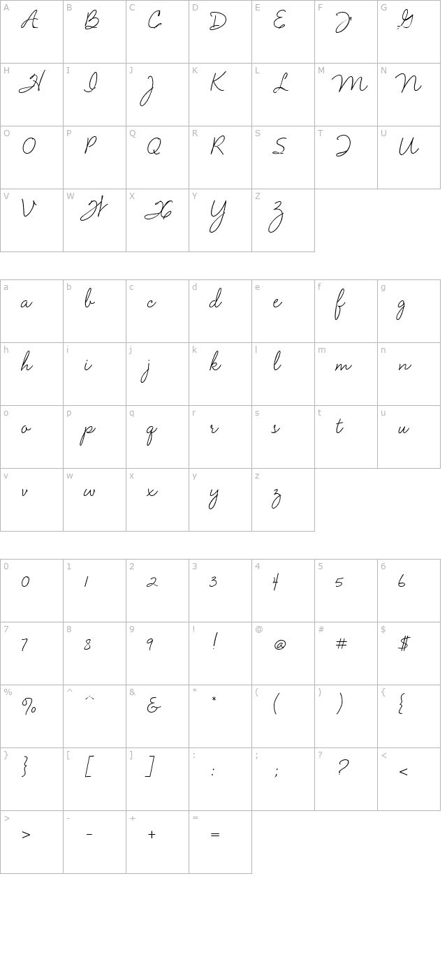 VelvetScriptRegular character map