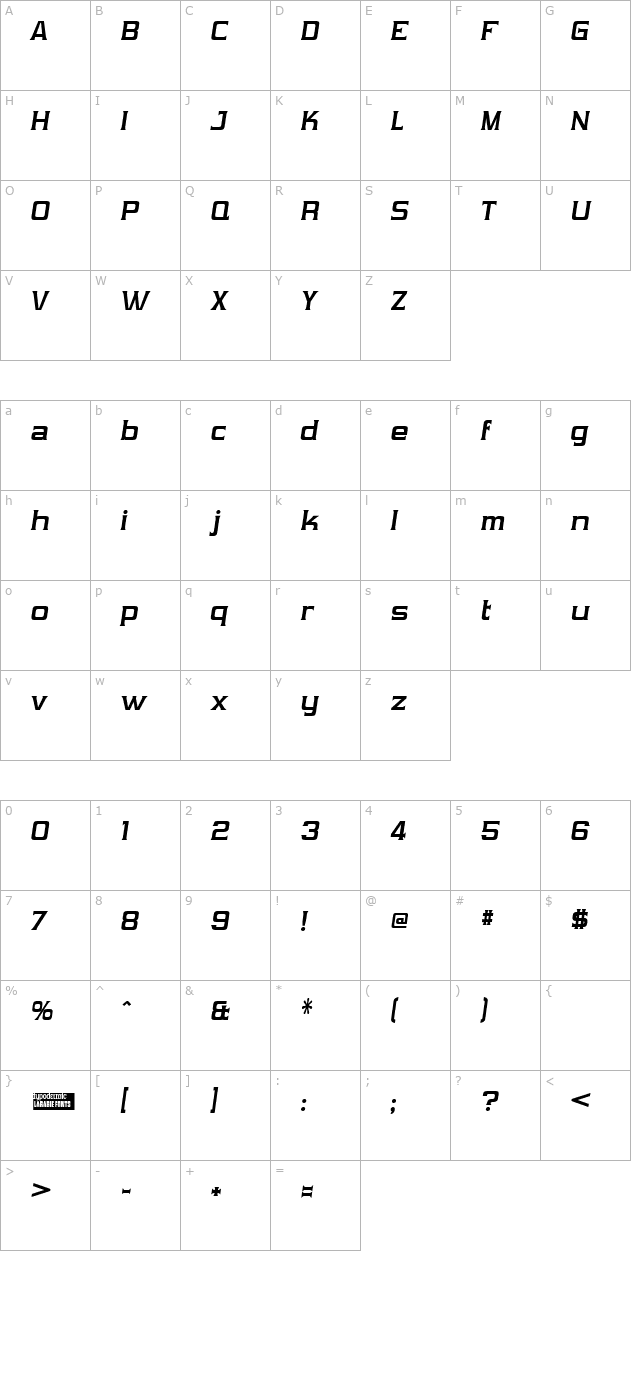 vibrocentric-bold-italic character map