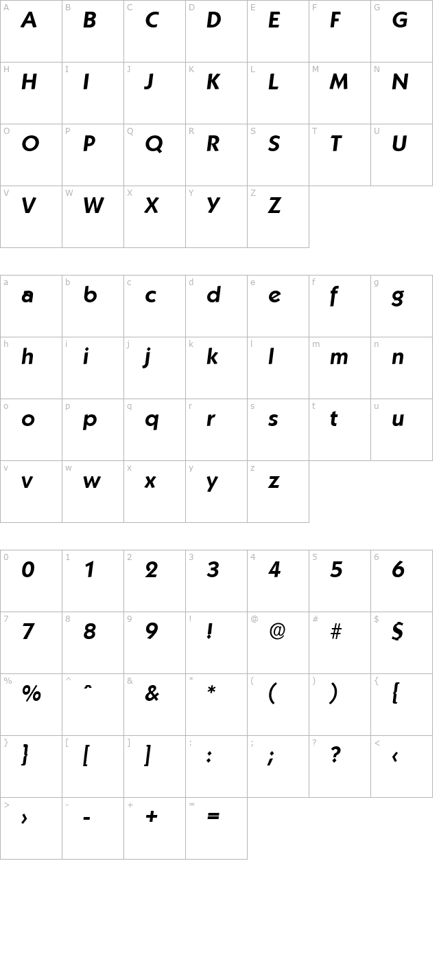 VictorBecker Bold Italic character map