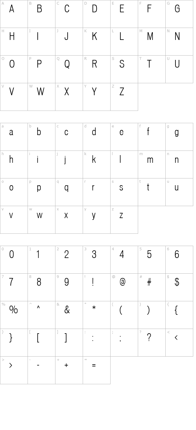 vonnes-thincondensed character map