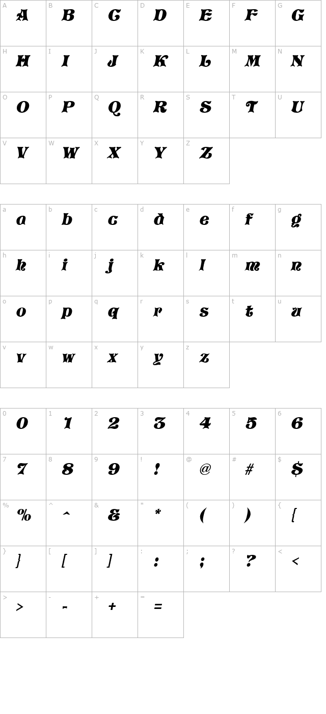 Vostrey Italic character map