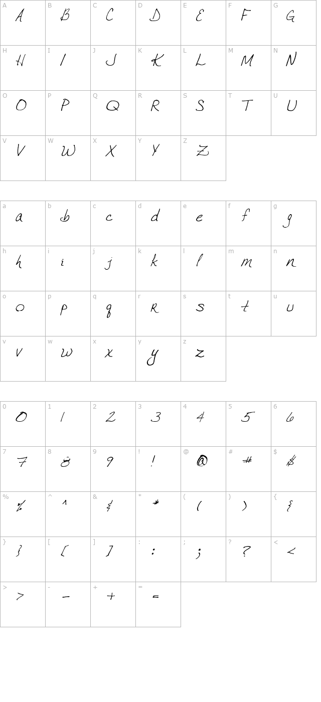 vtc-joelenehand-regular-italic character map