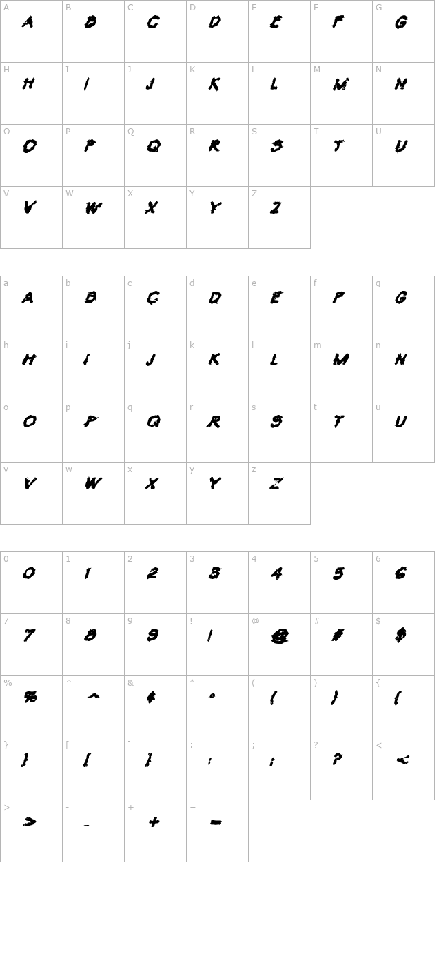 VTC Krinkle-Kut Bold Italic character map