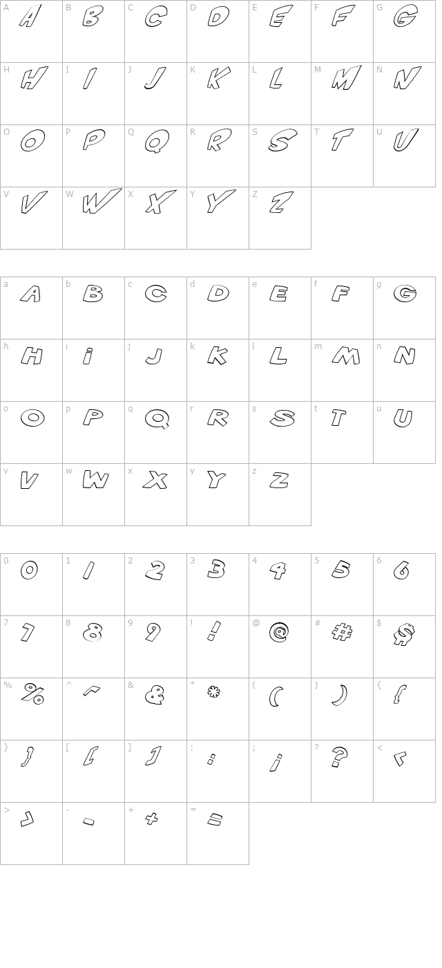 VTC ScreamItLoud Outline Italic character map