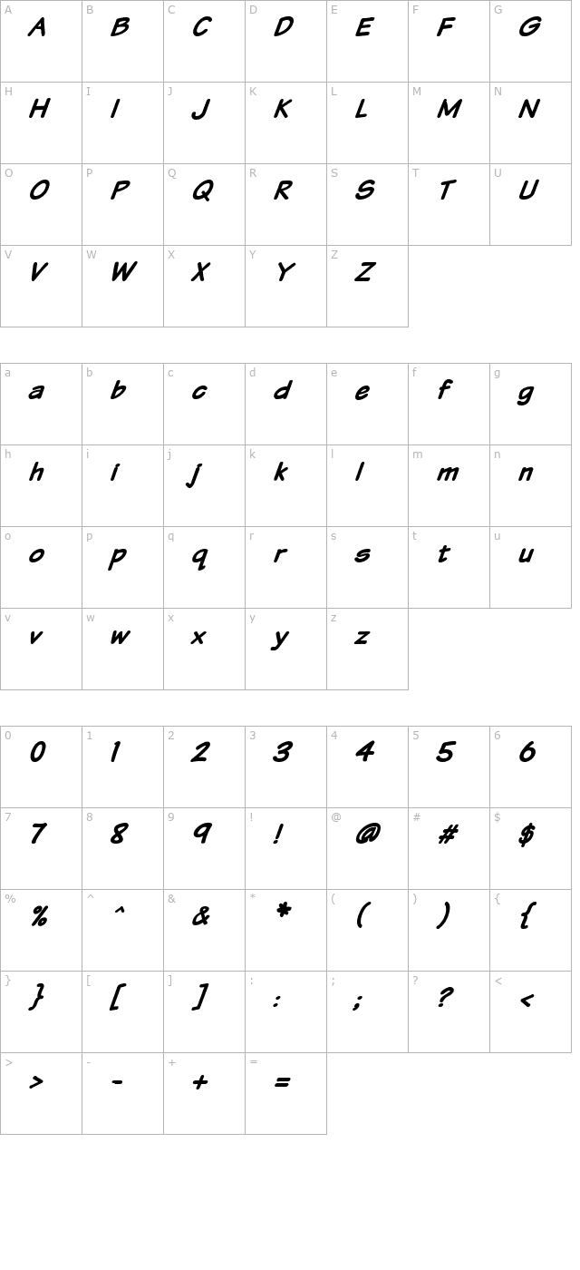 VTCSundaykomixBoldItalic character map