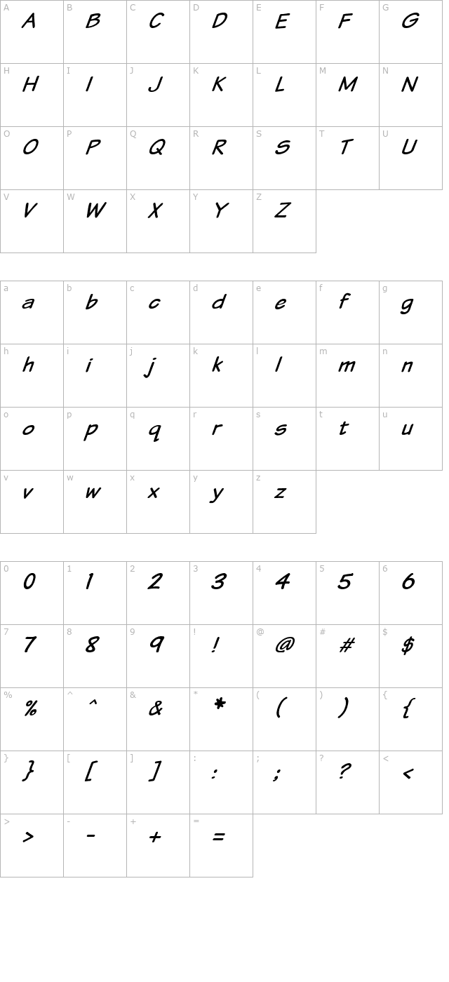 VTCSundaykomixItalic character map