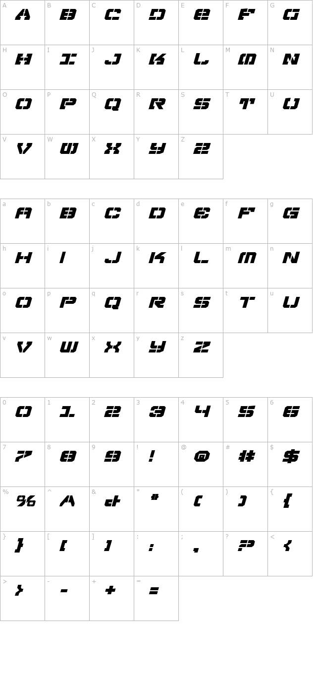 Vyper Falcon Expanded Bold Italic character map