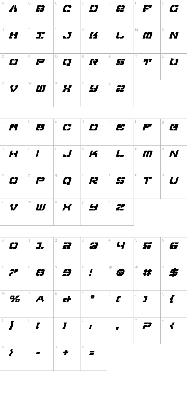 Vyper Falcon Italic character map