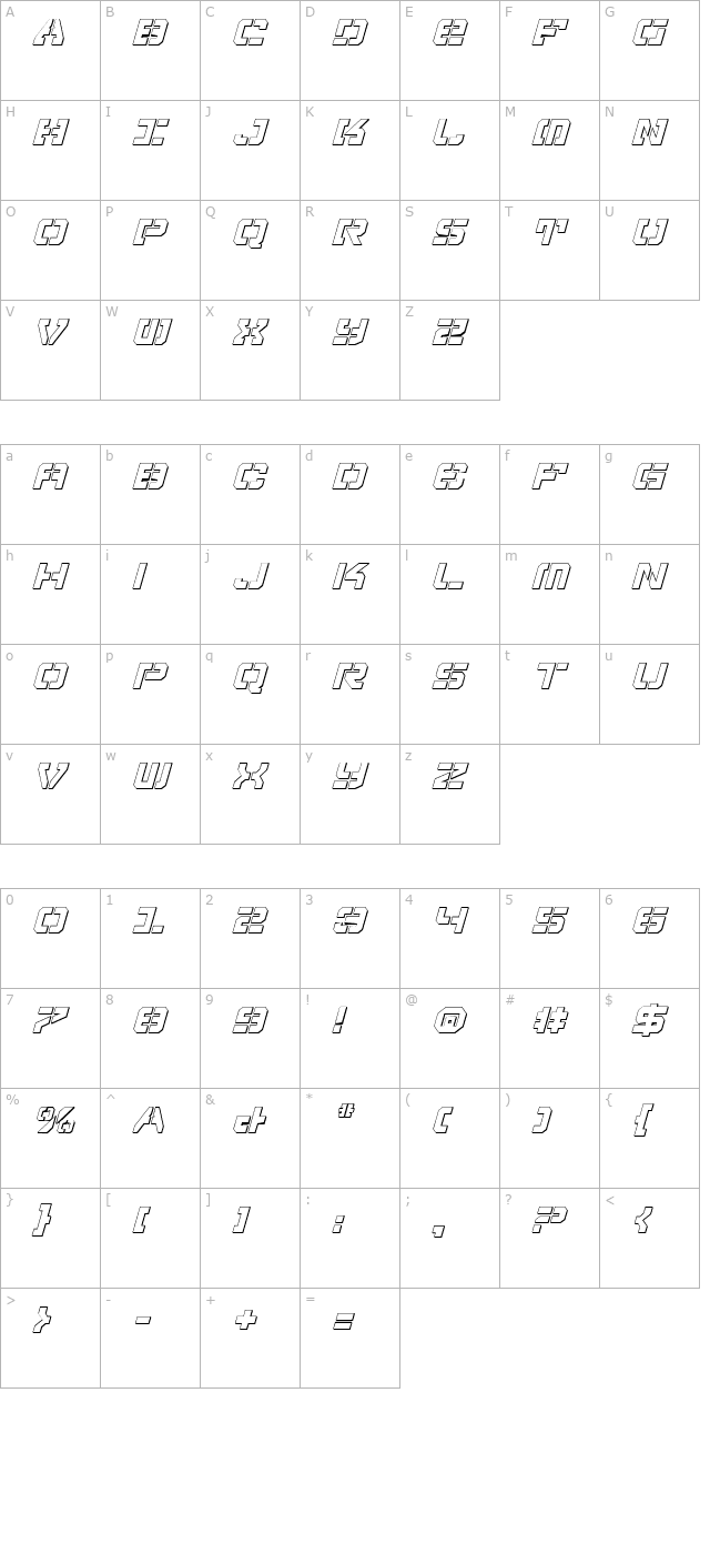 Vyper Falcon Shadow Italic character map