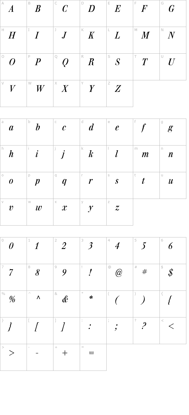 Walburn Italic character map