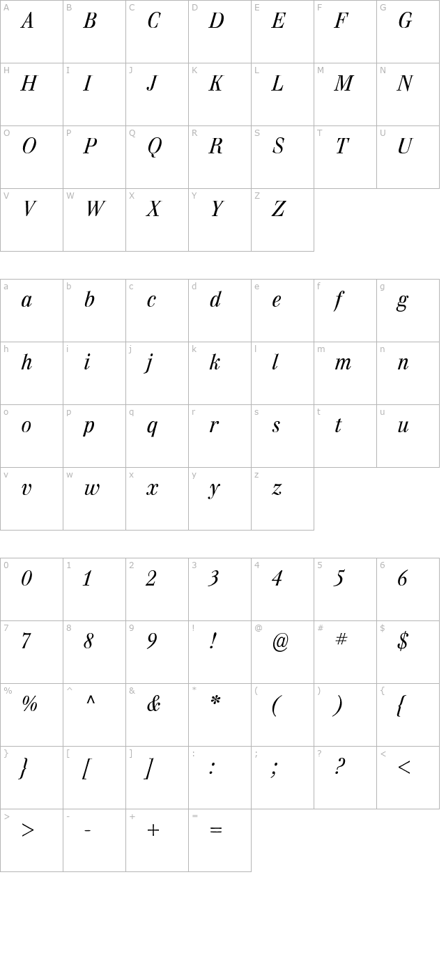 walburntextlight-italic character map