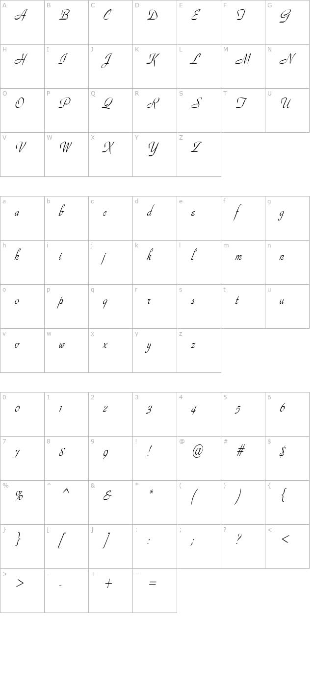 waldorfscriptcondensed-italic character map