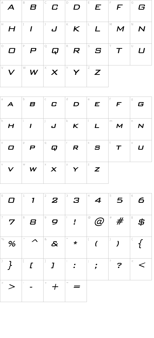 WallStreet BoldItalic character map