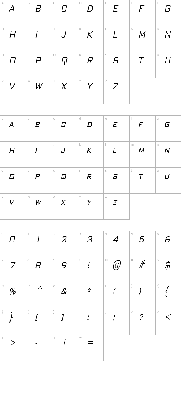 WallStreetCondensed Italic character map