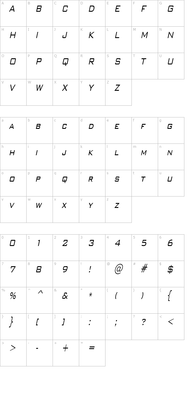 wallstreetcondensed-italic character map