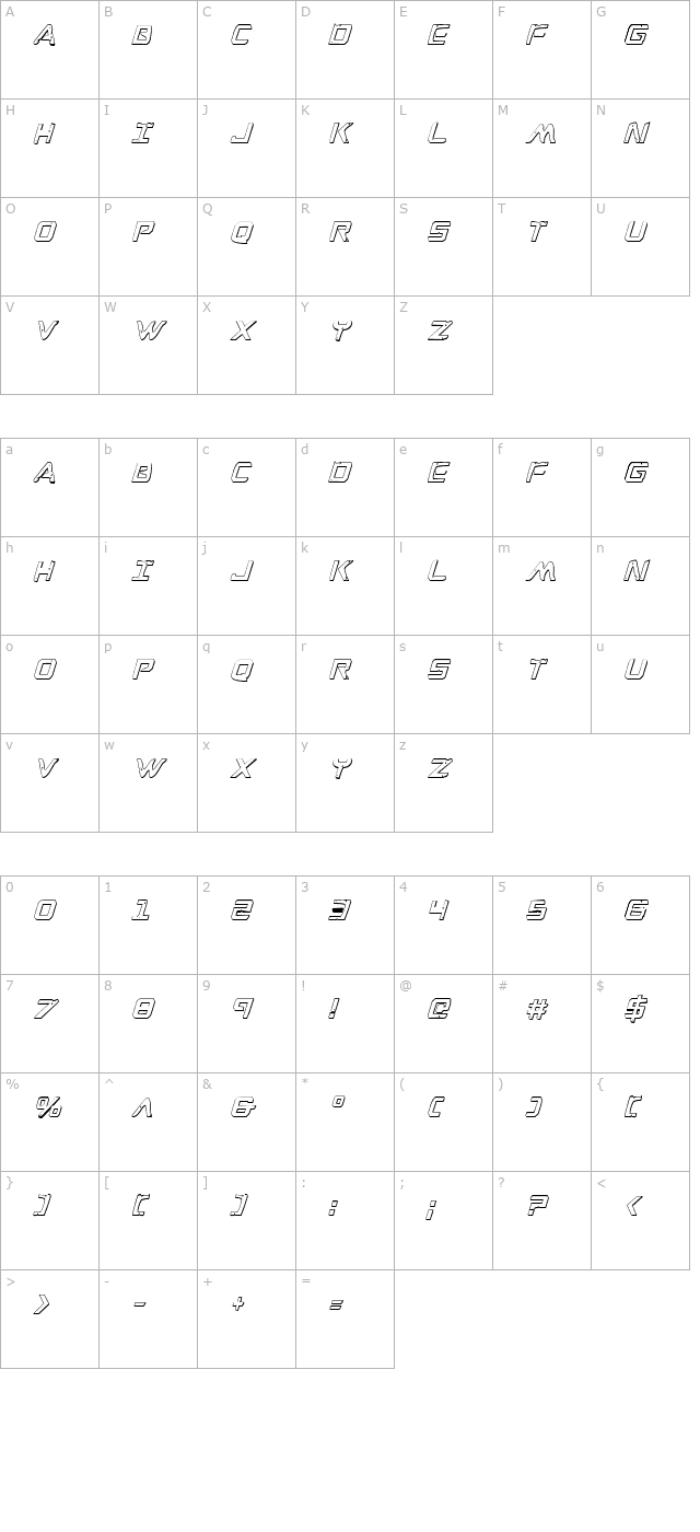 War Eagle 3D Condensed Italic character map