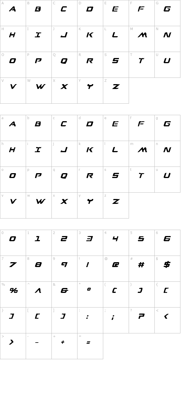 War Eagle Bold Italic character map