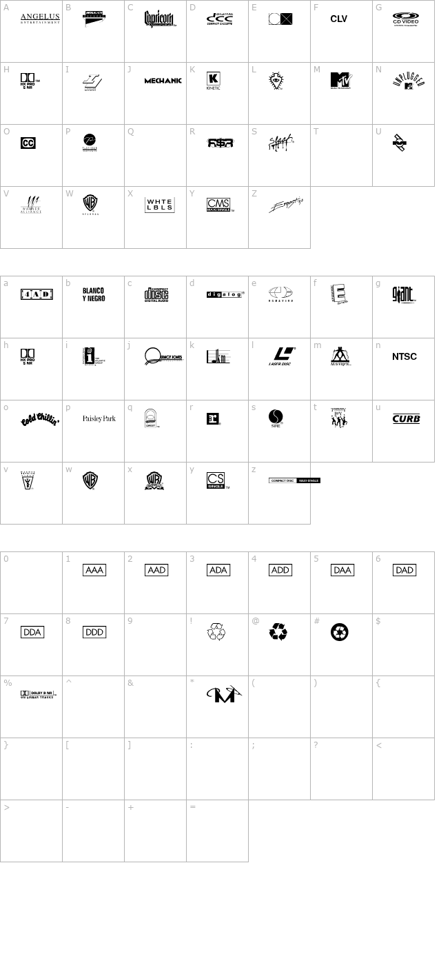 WarnerLogoFontNine character map