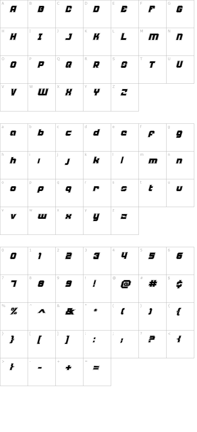 Weaponeer Academy Italic character map