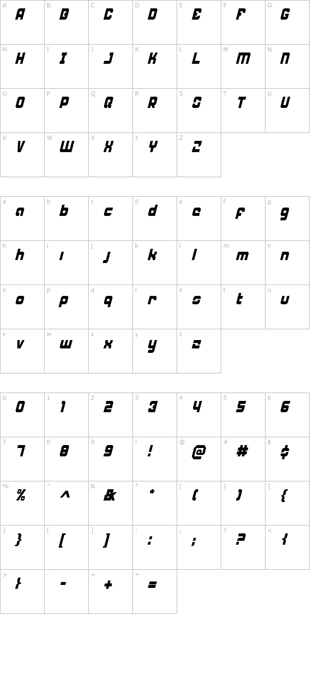 weaponeer-condensed-italic character map