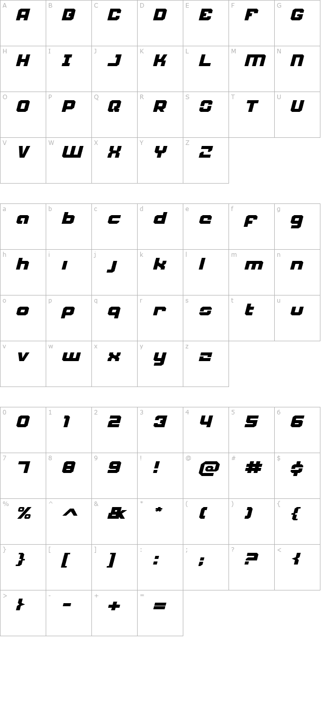 Weaponeer Expanded Italic character map