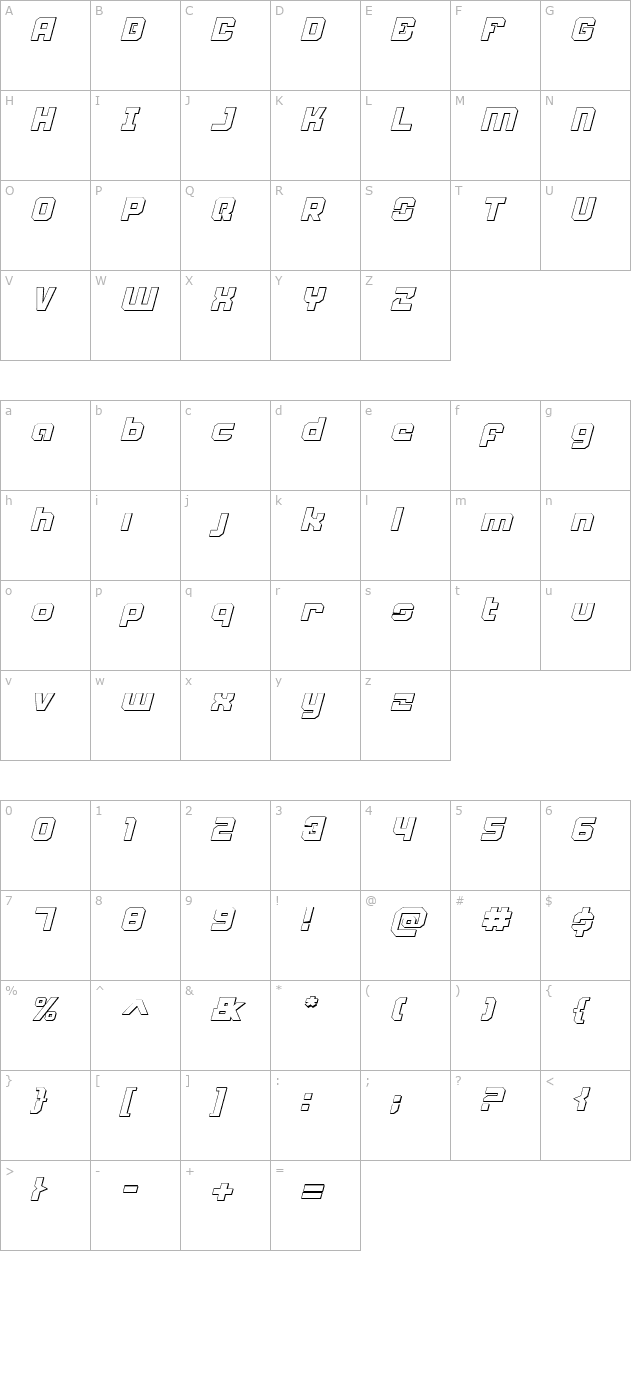 Weaponeer Shadow Italic character map