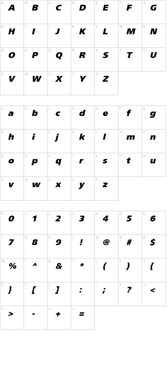 Weissach Black Oblique character map