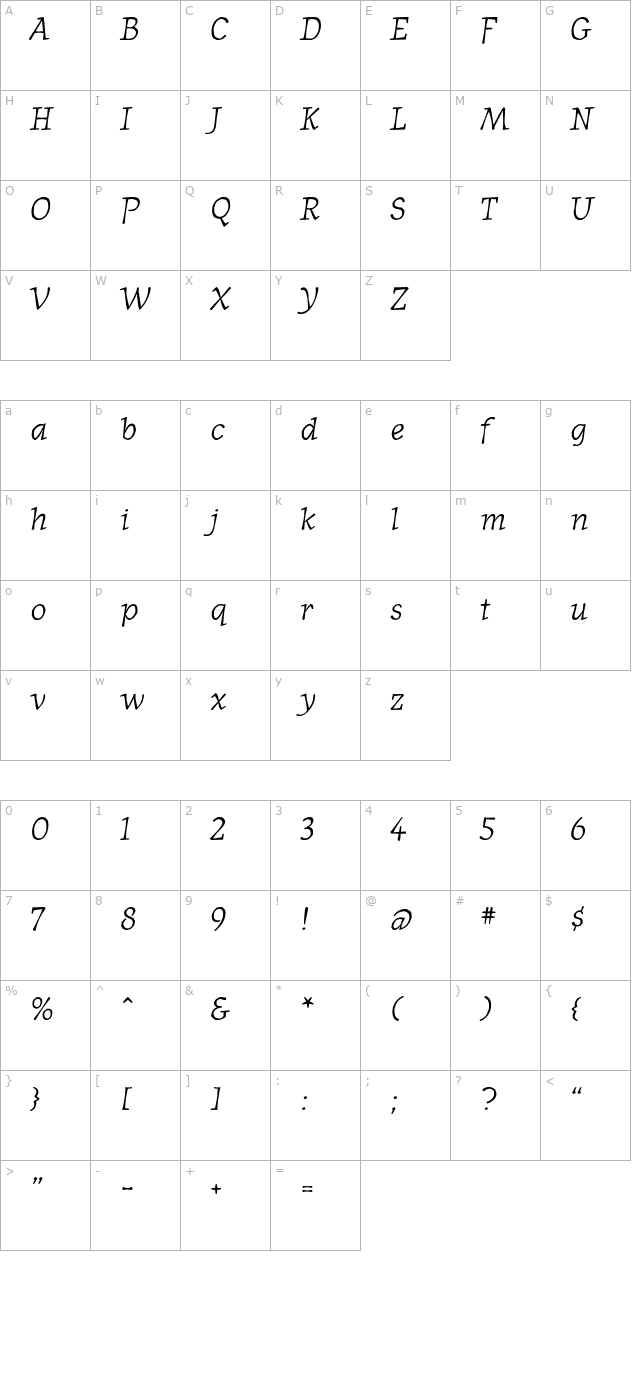 WesternPressSSK Italic character map