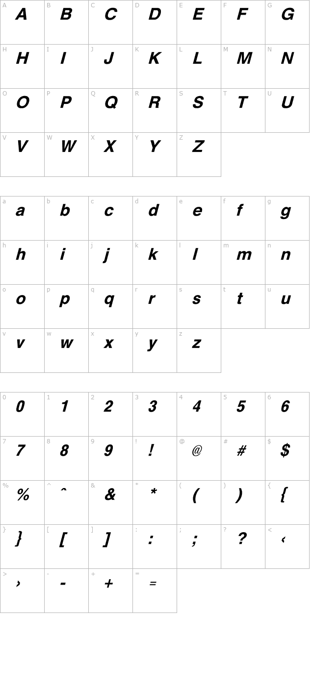 Westfalia Italic character map